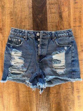 High-Rise Distressed Blue Denim Jean Shorts